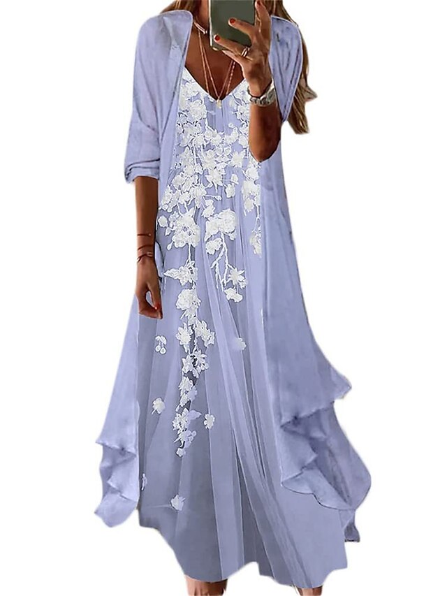 Women's Dress - Casual Dress Dress Set Two Piece Dress Long Dress Maxi Dress Light Green Pink Purple Long Sleeve Flower Print Summer Spring V Neck Fashion Loose Fit 2023 S M L XL XXL 3XL