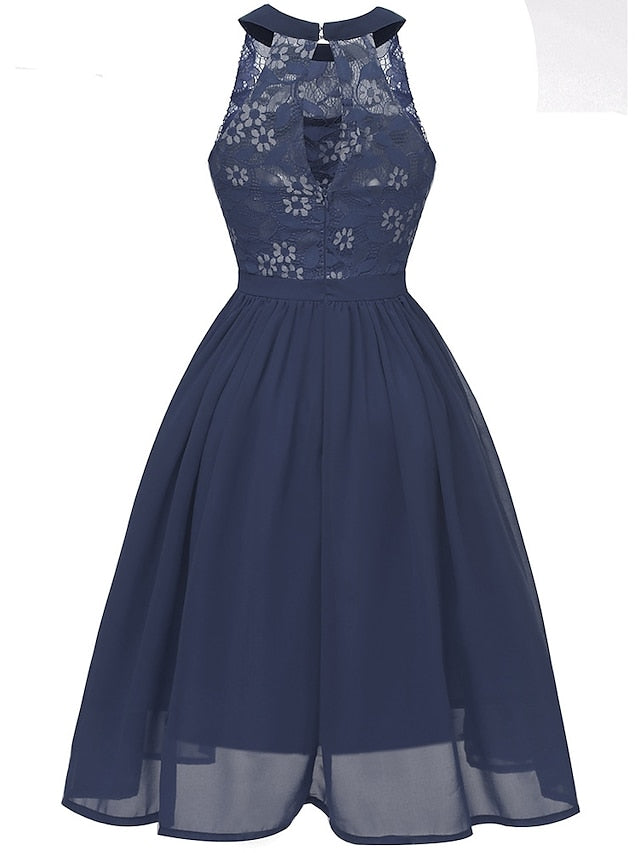 Women's Dress - Party Dress Wedding Guest Lace Dress A Line Dress Midi Dress Pink Wine Navy Blue Sleeveless Pure Color Lace Summer Spring Halter Party Slim 2023 S M L XL XXL
