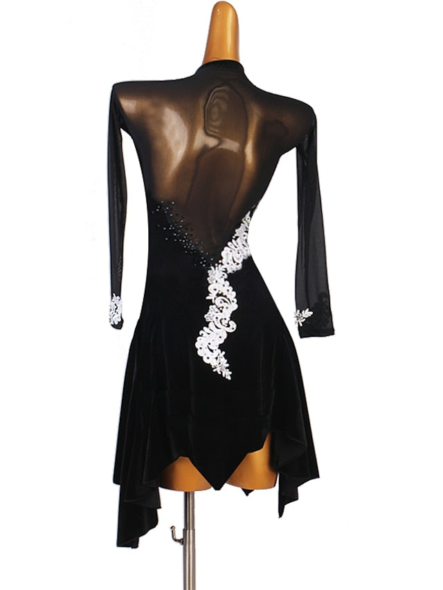 Latin Dance Dress Appliques Crystals / Rhinestones Women's Performance Long Sleeve Spandex - LuckyFash™