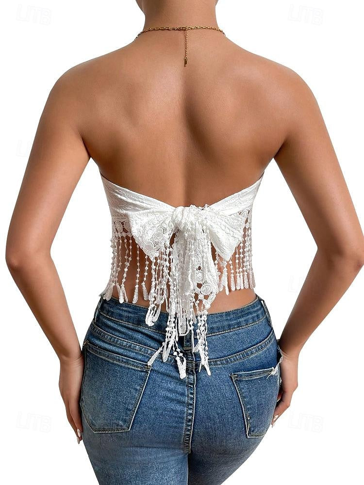 Lace Shirt Tube Top White Lace Shirt Women's White Yellow Pink Floral Tassel Street Daily Fashion S