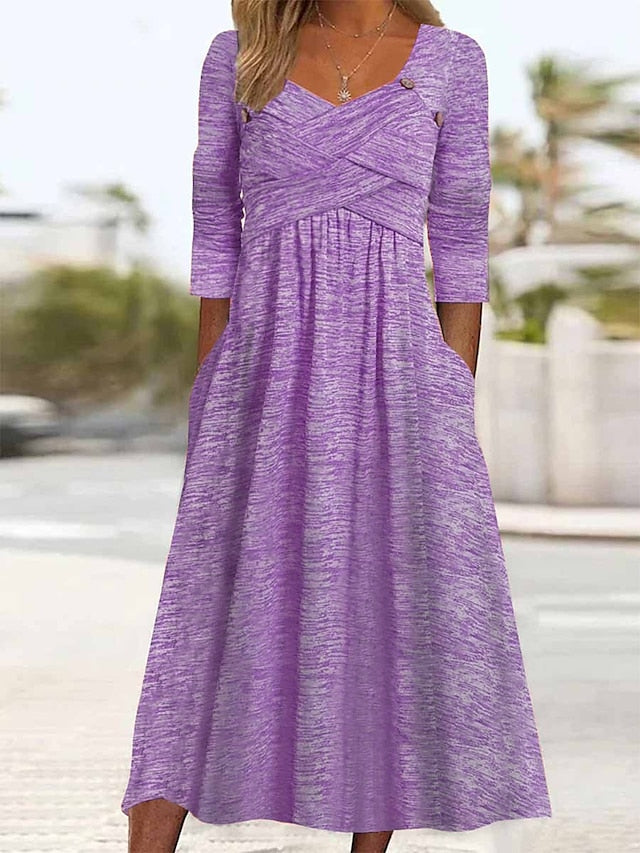 Women's Dress - Casual Dress Pleated Dress Plain Dress Plain Ruched Pocket Square Neck Midi Dress Fashion Modern Daily Vacation 3/4 Length Sleeve Regular Fit Pink Purple Green Summer Spring S M L XL XXL