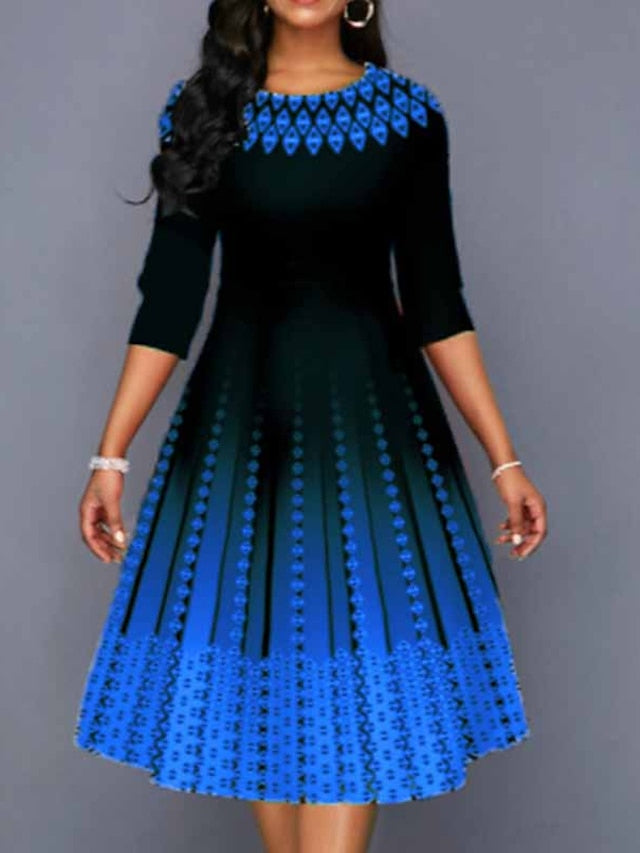 Women's Dress - Work Dress Swing Dress Church Dress Midi Dress Red Royal Blue Blue 3/4 Length Sleeve Print Print Summer Spring Crew Neck Elegant 2023 S M L XL XXL 3XL 4XL 5XL