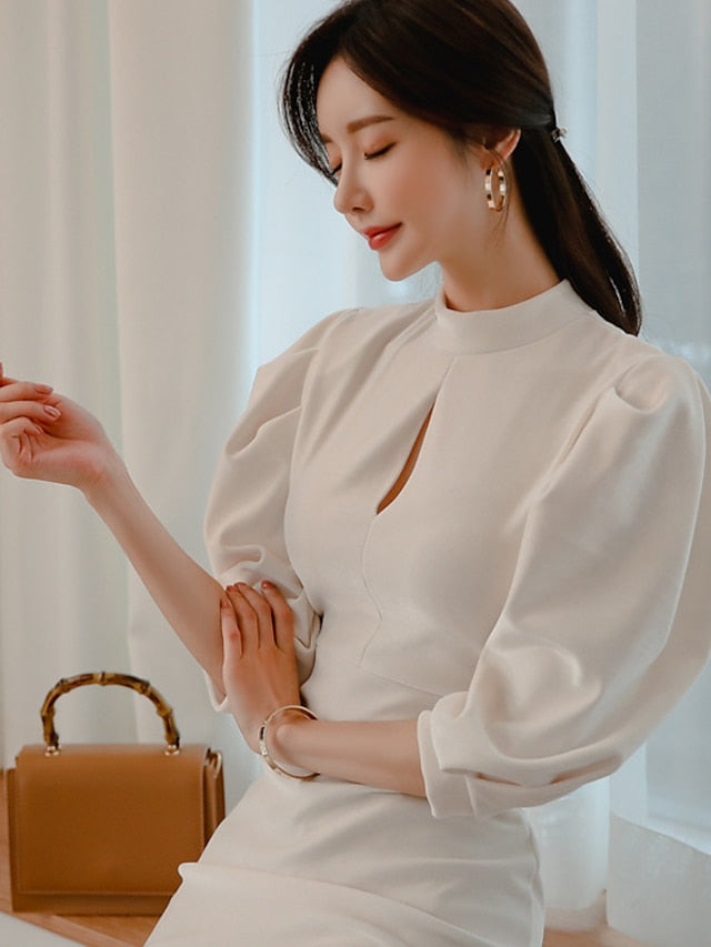 Women's Dress - Wrap Dress Mini Dress White Long Sleeve Solid Color Modern Style Fall Spring Round Neck Casual Gentle 2023 S M L XL