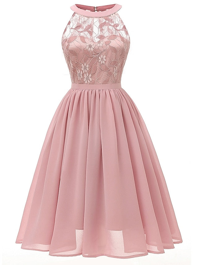 Women's Dress - Party Dress Wedding Guest Lace Dress A Line Dress Midi Dress Pink Wine Navy Blue Sleeveless Pure Color Lace Summer Spring Halter Party Slim 2023 S M L XL XXL