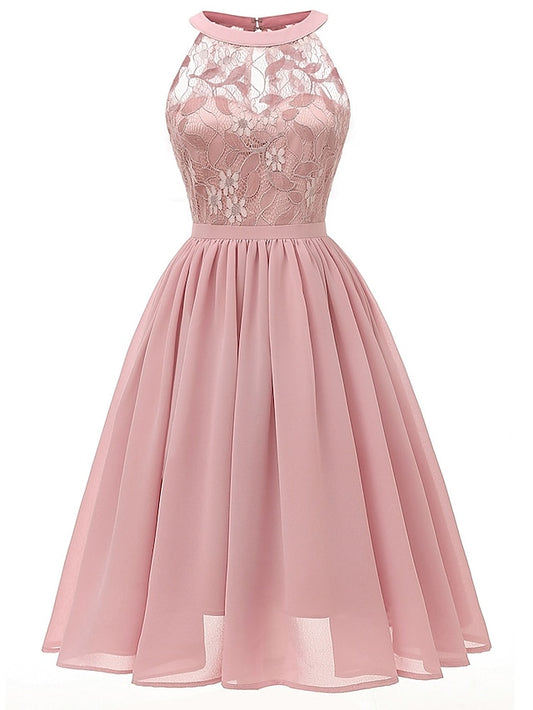 Women's Dress - Party Dress Wedding Guest Lace Dress A Line Dress Midi Dress Pink Wine Navy Blue Sleeveless Pure Color Lace Summer Spring Halter Party Slim 2023 S M L XL XXL