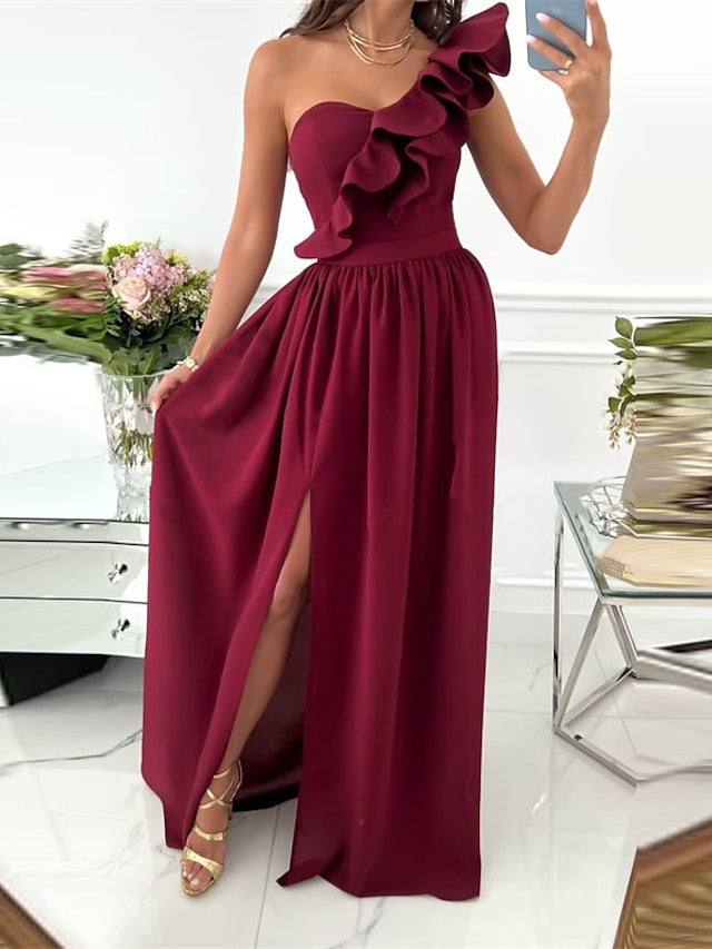Women's Dress - Party Dress Wedding Guest Dress Swing Dress Long Dress Maxi Dress Green Black Wine Sleeveless Pure Color Ruffle Spring Summer One Shoulder Party Slim 2023 S M L XL XXL