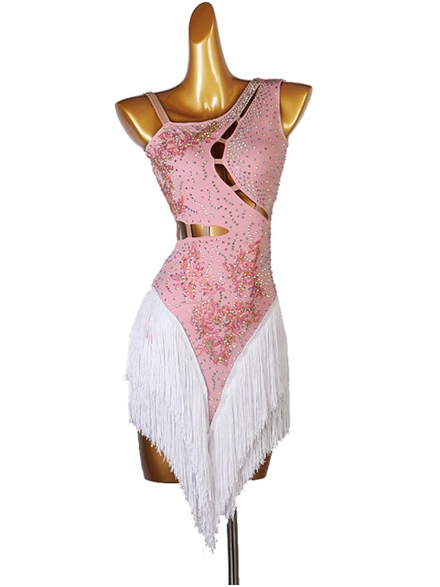 Latin Dance Dress Tassel Split Joint Crystals / Competition Dress Rhinestones Women's Performance Sleeveless Chinlon - LuckyFash™