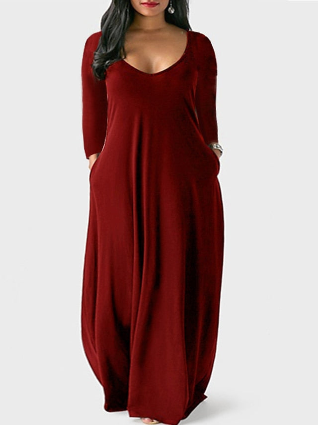 Women's Dress - Plus Size Shift Dress Solid Color Boat Neck Long Sleeve Spring Fall Basic Casual Maxi long Dress Daily Vacation Dress