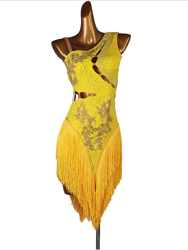 Latin Dance Dress Tassel Split Joint Crystals / Competition Dress Rhinestones Women's Performance Sleeveless Chinlon - LuckyFash™