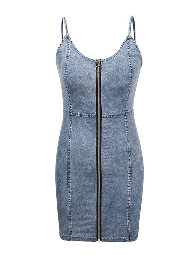 Women's Dress - Denim Dress Bodycon Sheath Dress Mini Dress Denim Fashion Stylish Daily Vacation Going out Straps Zipper Pocket Sleeveless Summer Spring Fall 2023 Slim Light Blue Pure Color S M L XL XXL