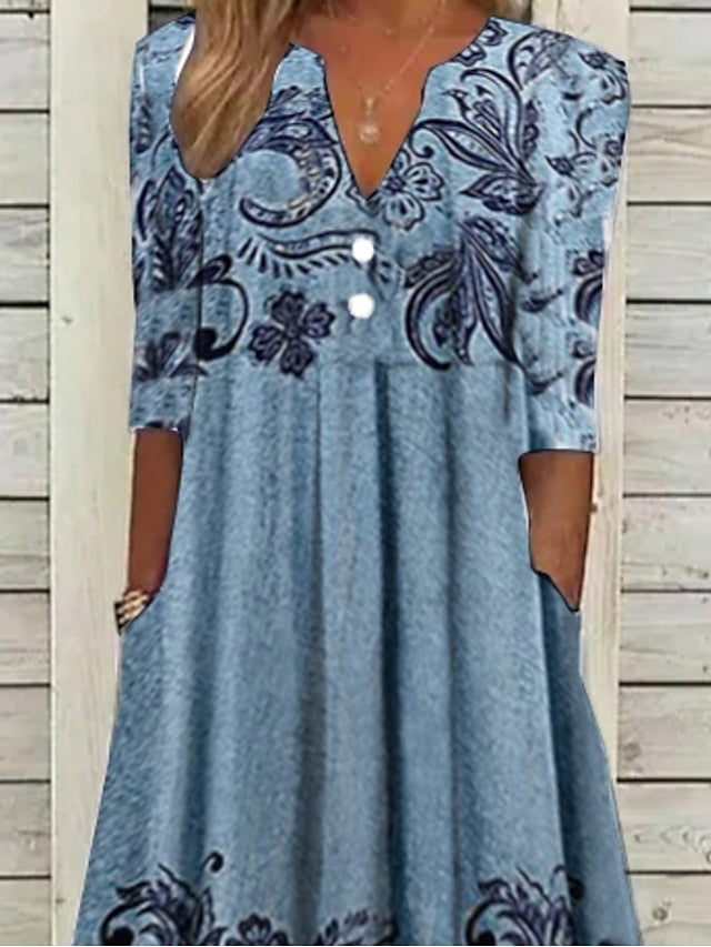 Women's Dress - Casual Dress Ethnic Dress Midi Dress Blue Half Sleeve Floral Print Summer Spring V Neck Casual 2023 S M L XL XXL 3XL