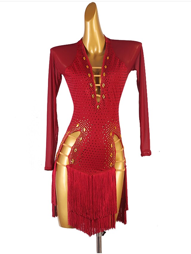 Latin Dance Dress Tassel Crystals / Rhinestones Women's Performance Long Sleeve Chinlon Mesh - LuckyFash™