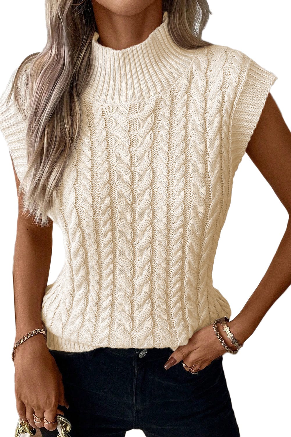 Oatmeal High Neck Cable Knit Sleeveless Sweater Vest