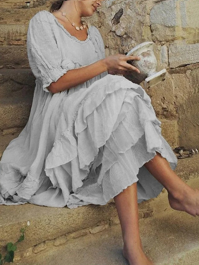 Women's Dress - Casual Dress Swing Dress Tiered Dress Plain Ruffle Layered Crew Neck Maxi Dress Fashion Elegant Outdoor Daily Half Sleeve Loose Fit Pink Light Grey Summer Spring S M L XL 2XL
