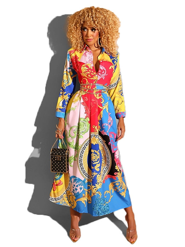 Women's Dress - Long Dress Maxi Dress Blue Light Blue Long Sleeve Geometric Shirt Collar Hot Winter Dress Fall Dress Slim S M L XL XXL