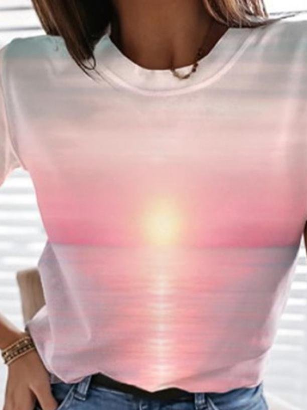 T-Shirts - Ocean Landscape Print Crew Neck T-Shirt - MsDressly