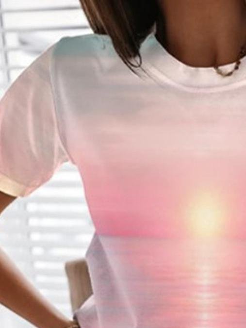 T-Shirts - Ocean Landscape Print Crew Neck T-Shirt - MsDressly