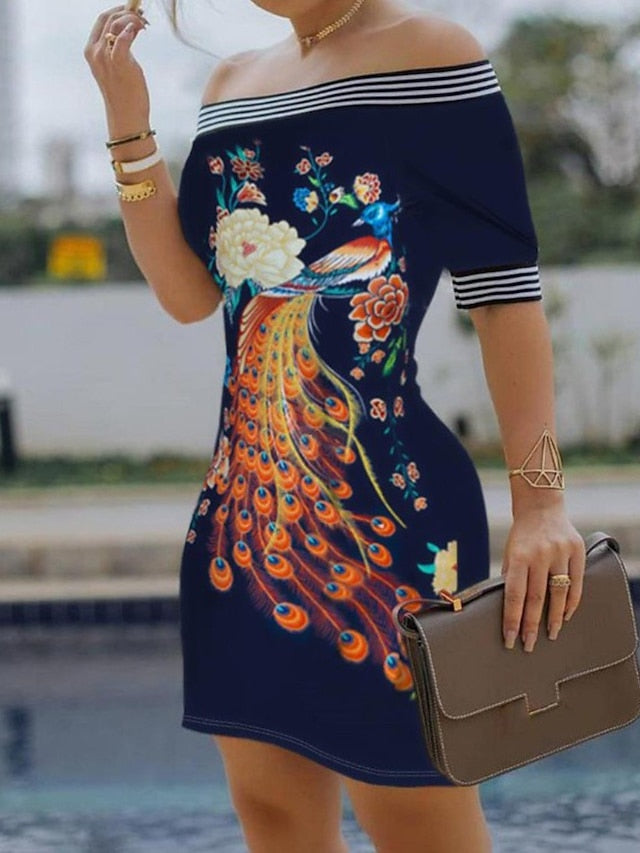 Women's Dress - Sheath Dress Mini Dress Navy Black White Short Sleeve Print Print Summer Spring Off Shoulder Stylish 2023 S M L XL