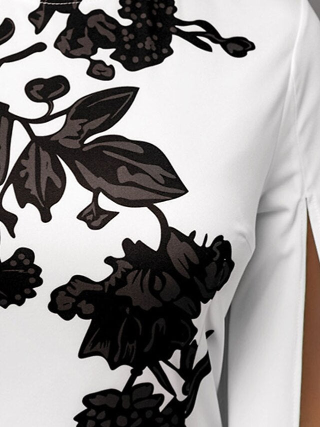 Women's Dress - Bodycon Sheath Dress Church Dress Midi Dress Black White Long Sleeve Floral Split Summer Spring Crew Neck Stylish Winter Dress Fall Dress 2023 S M L XL XXL