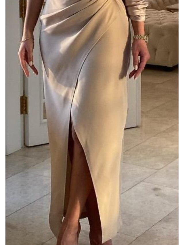 Women's Dress - Prom Dress Party Dress Satin Dress Long Dress Maxi Dress Khaki Sleeveless Pure Color Ruched Summer Spring Fall One Shoulder Fashion Party Winter Dress Birthday 2023 S M L XL XXL 3XL