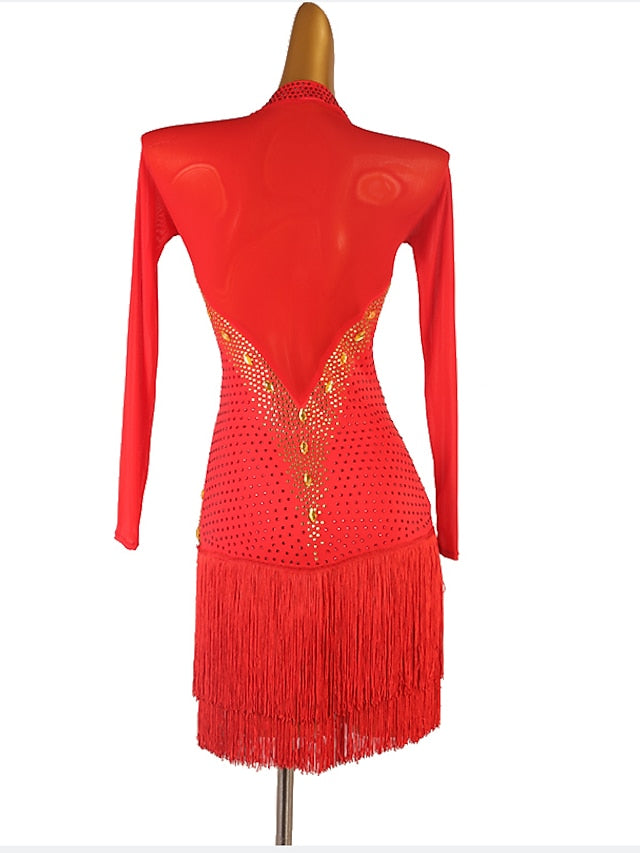 Latin Dance Dress Tassel Crystals / Rhinestones Women's Performance Long Sleeve Chinlon Mesh - LuckyFash™