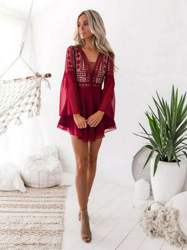 Women's Dress - Party Dress Lace Dress White Dress Mini Dress Black White Wine Long Sleeve Pure Color Lace Summer Spring V Neck Hot Winter Dress Fall Dress Slim 2023 S M L XL XXL
