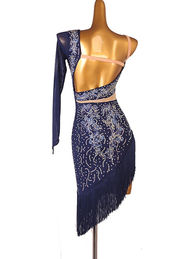 Latin Dance Dress Tassel Split Joint Crystals / Rhinestones Women's Performance Training Long Sleeve Chinlon Mesh - LuckyFash™