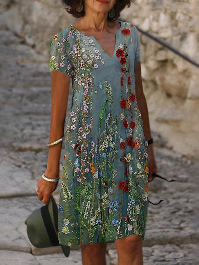 Women's Dress - Casual Dress Shift Dress Midi Dress Green Khaki Short Sleeve Floral Print Summer Spring V Neck Fashion Vacation 2023 S M L XL XXL 3XL