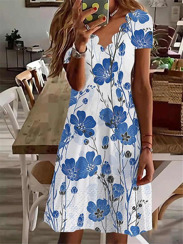 Women's Dress - Casual Dress Shift Dress Midi Dress White Navy Blue Blue Short Sleeve Floral Print Spring Summer V Neck Vacation 2023 S M L XL XXL 3XL