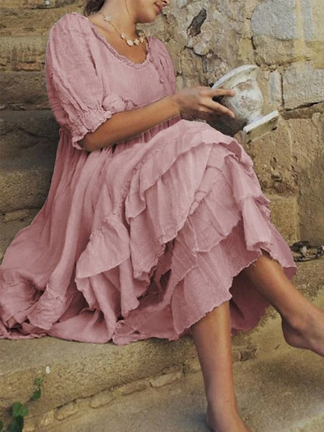 Women's Dress - Casual Dress Swing Dress Tiered Dress Plain Ruffle Layered Crew Neck Maxi Dress Fashion Elegant Outdoor Daily Half Sleeve Loose Fit Pink Light Grey Summer Spring S M L XL 2XL