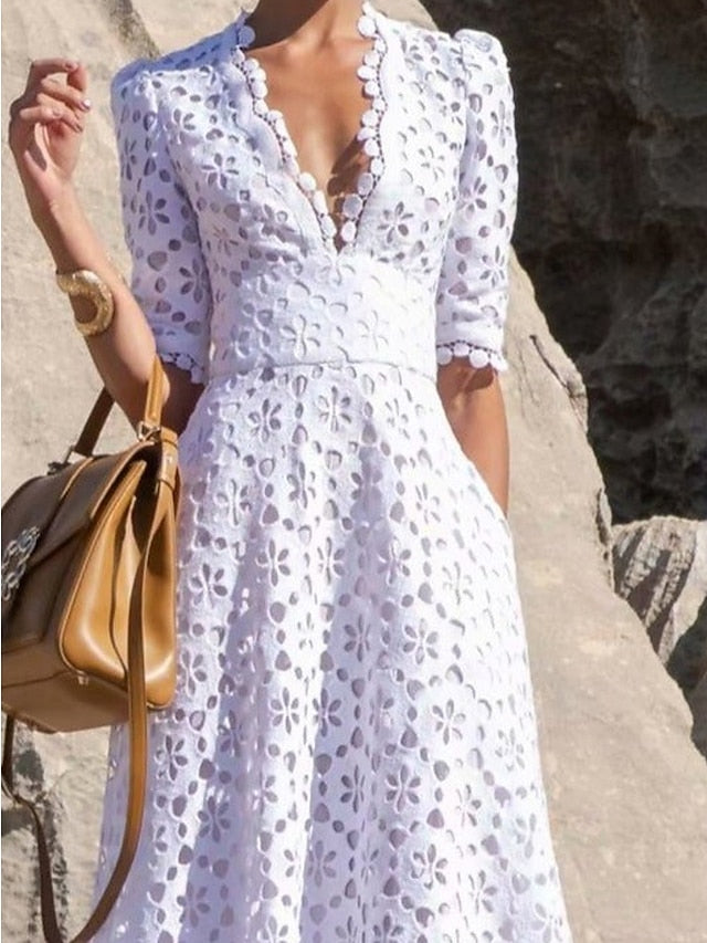 Women's Dress - Lace Dress Cutout Eyelet Pure Color Casual Dress Swing Dress Long Dress Maxi Dress White Half Sleeve Fall Spring V Neck Weekend 2023 S M L XL 2XL 3XL