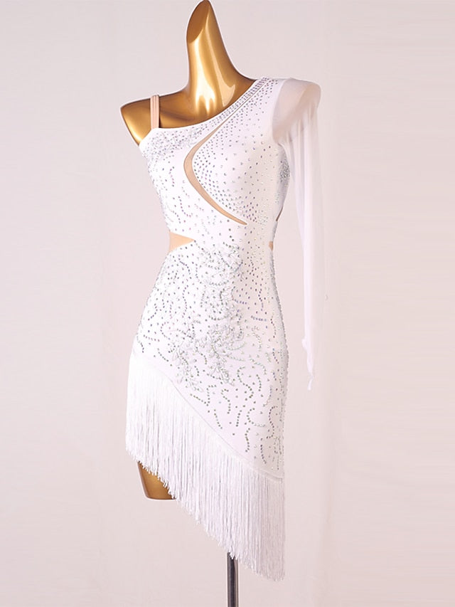 Latin Dance Dress Tassel Split Joint Crystals / Rhinestones Women's Performance Training Long Sleeve Chinlon Mesh - LuckyFash™