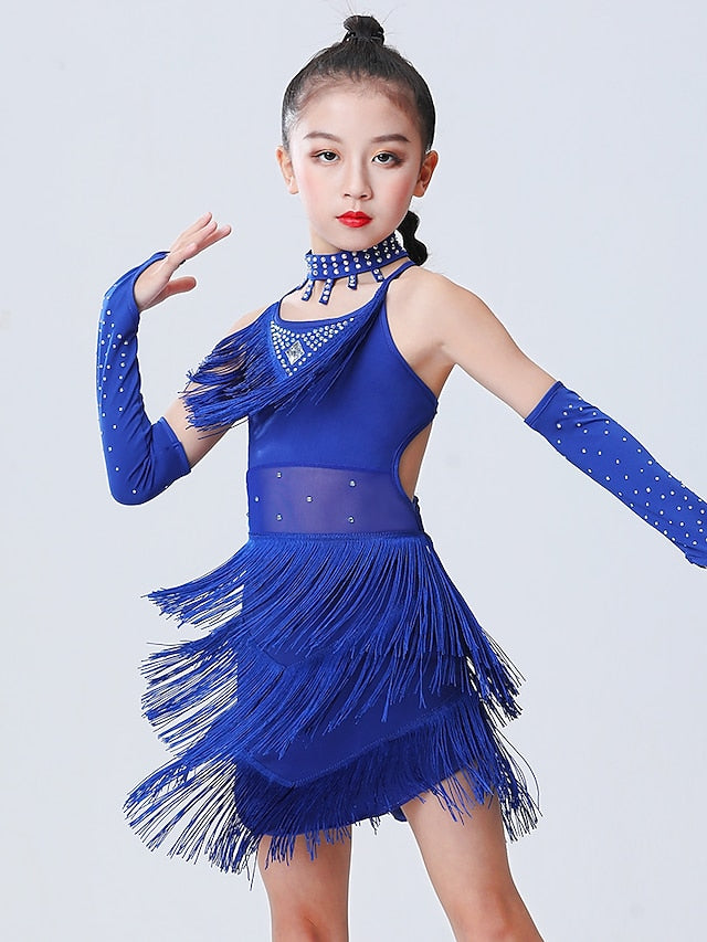 Latin Dance Dress Tassel Side Draping Ruching Girls' Performance Training Sleeveless Polyester - LuckyFash™