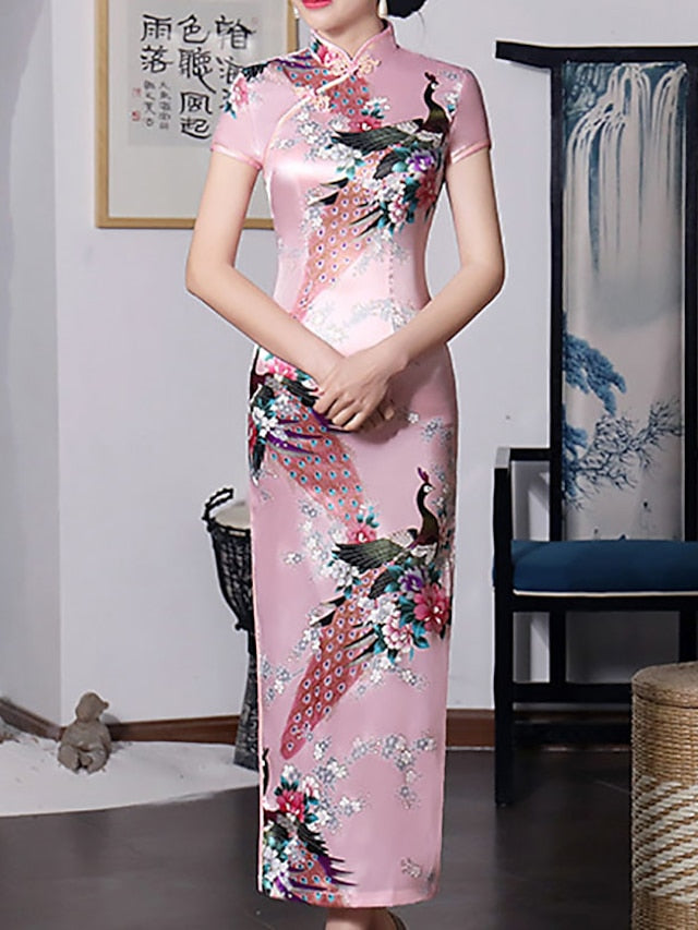 Women's Dress - Cheongsam Floral Mandarin Collar Chinoiserie Dress Long Dress Maxi Dress Light Pink Black Blue Short Sleeve Spring Summer Weekend S M L XL XXL 3XL 4XL 5XL 6XL