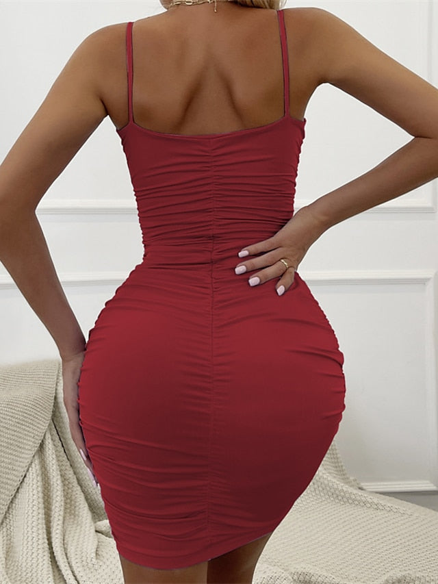 Women's Dress - Bodycon Sheath Dress Slip Dress Mini Dress Black White Wine Sleeveless Pure Color Ruched Spring Summer V Neck Stylish Weekend Slim 2023 XS S M L