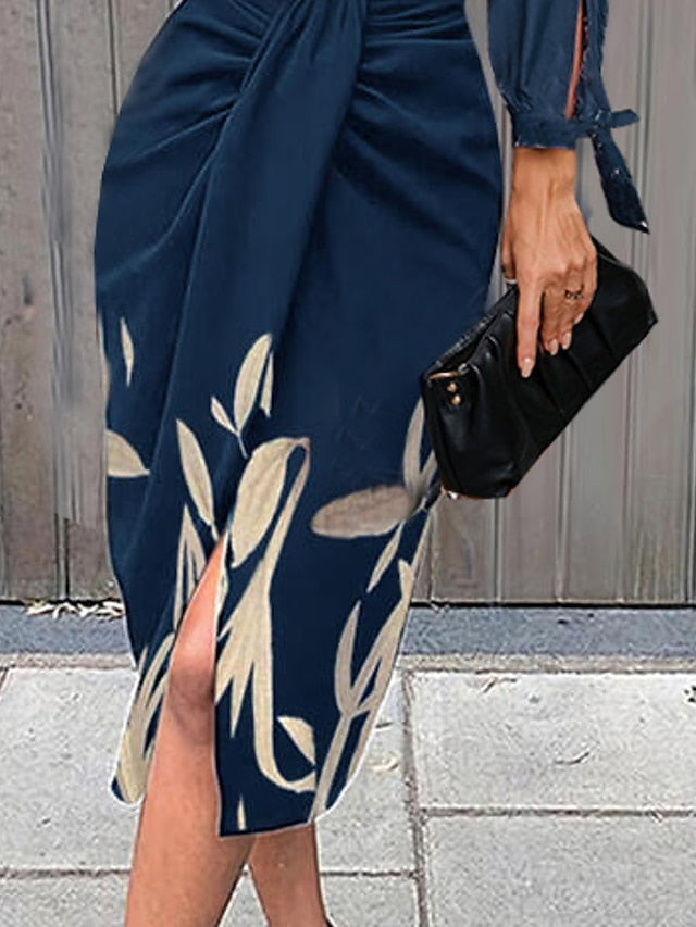Women's Dress - Shirt Dress Sheath Dress Midi Dress Dark Blue Long Sleeve Leaf Ruched Summer Spring V Neck Modern Winter Dress Office Wedding Guest 2023 S M L XL XXL 3XL