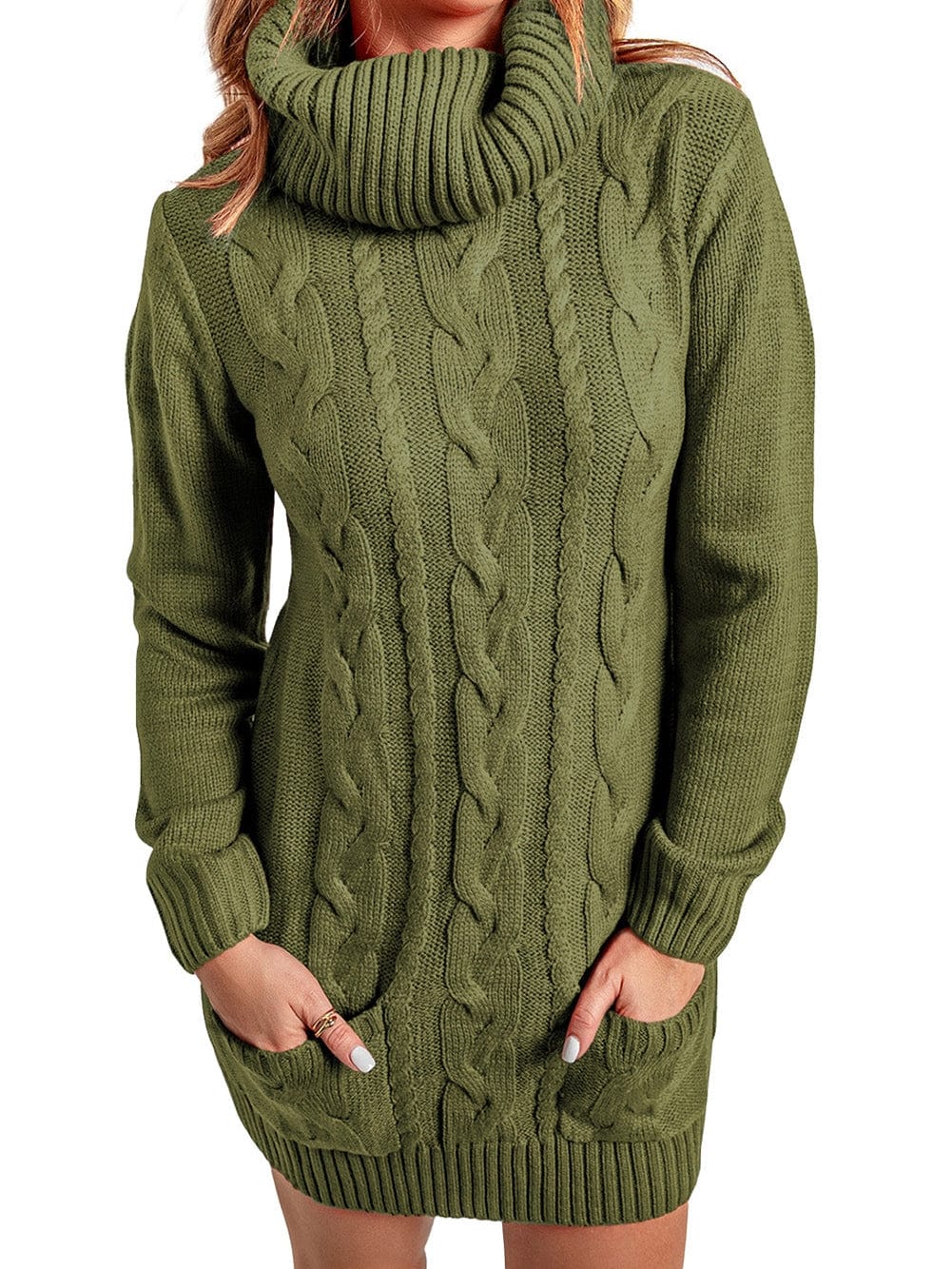 Olive Cable Knit Cowl Neck Sweater Dress