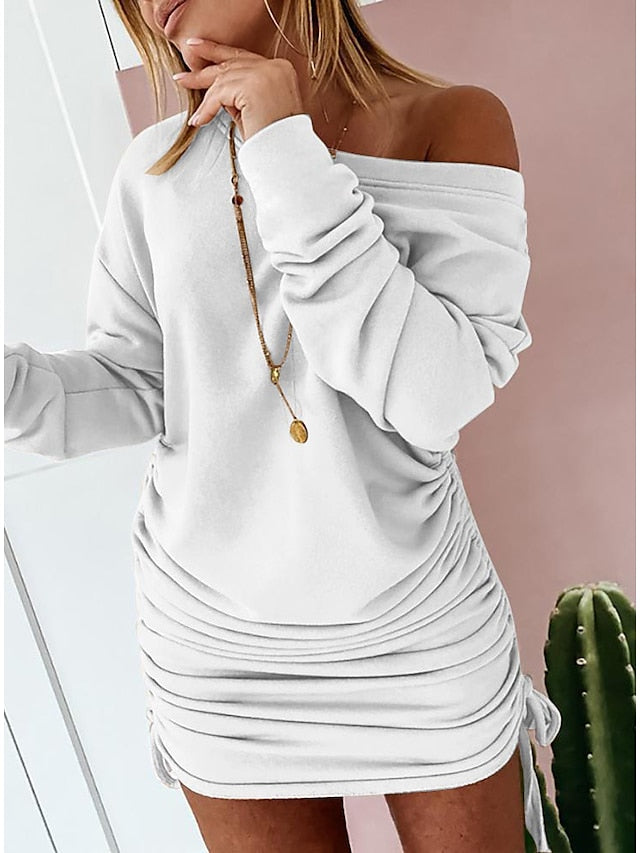 Women's Dress - Casual Dress Shift Dress Sheath Dress Mini Dress Black White Green Long Sleeve Pure Color Ruched Fall One Shoulder Elegant Winter Dress Fall Dress 2023 S M L XL