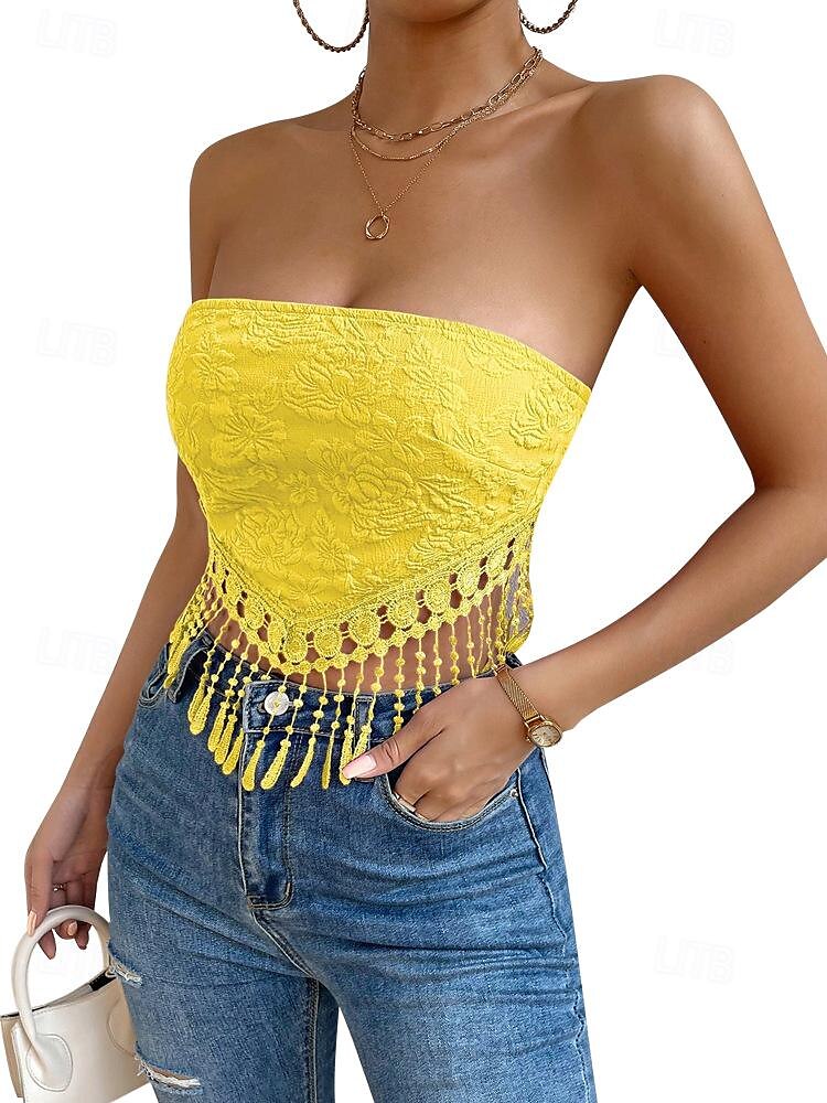 Lace Shirt Tube Top White Lace Shirt Women's White Yellow Pink Floral Tassel Street Daily Fashion S