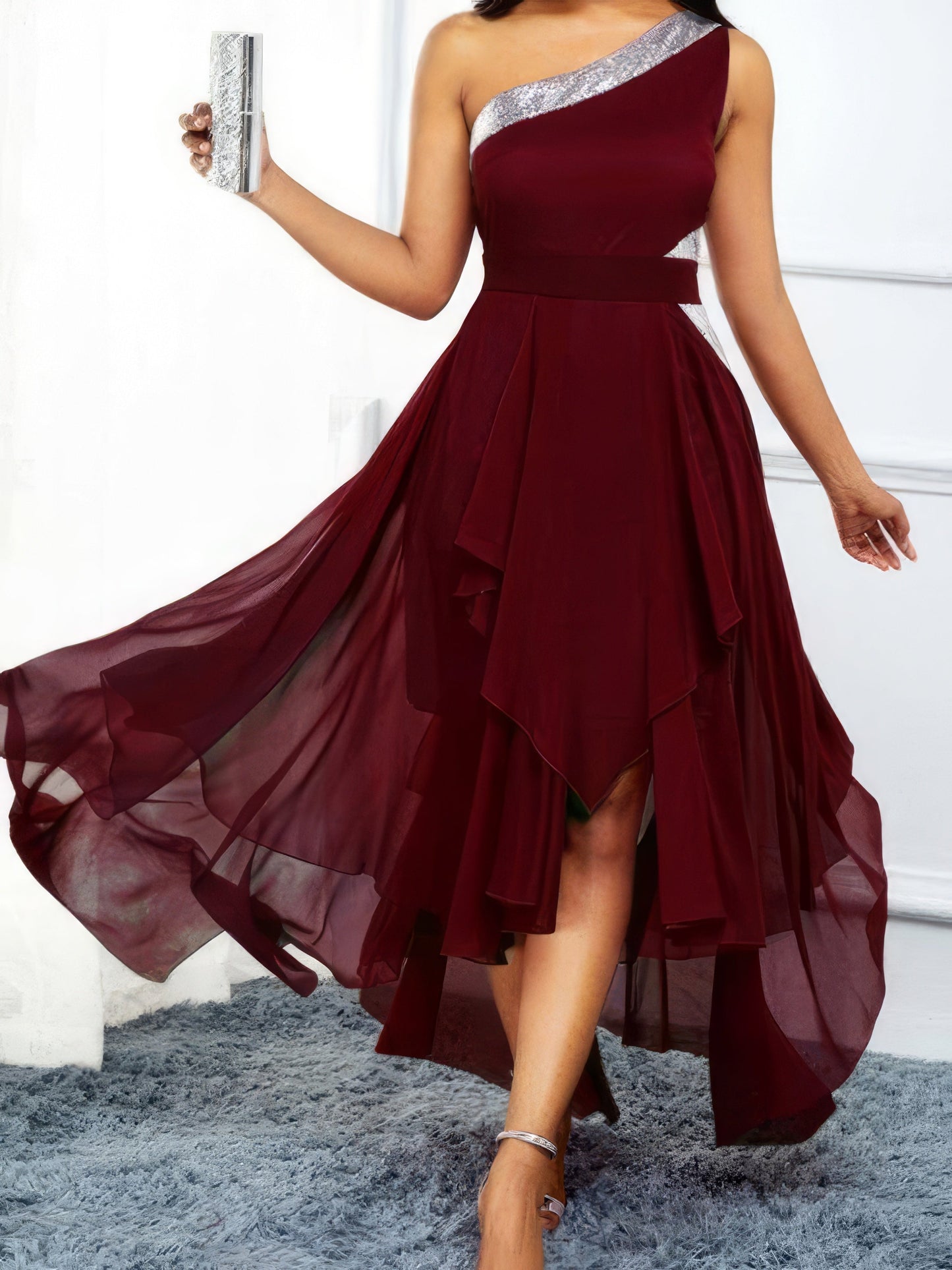 Midi Dresses - One-shoulder Asymmetrical Hem Slim Dress - MsDressly