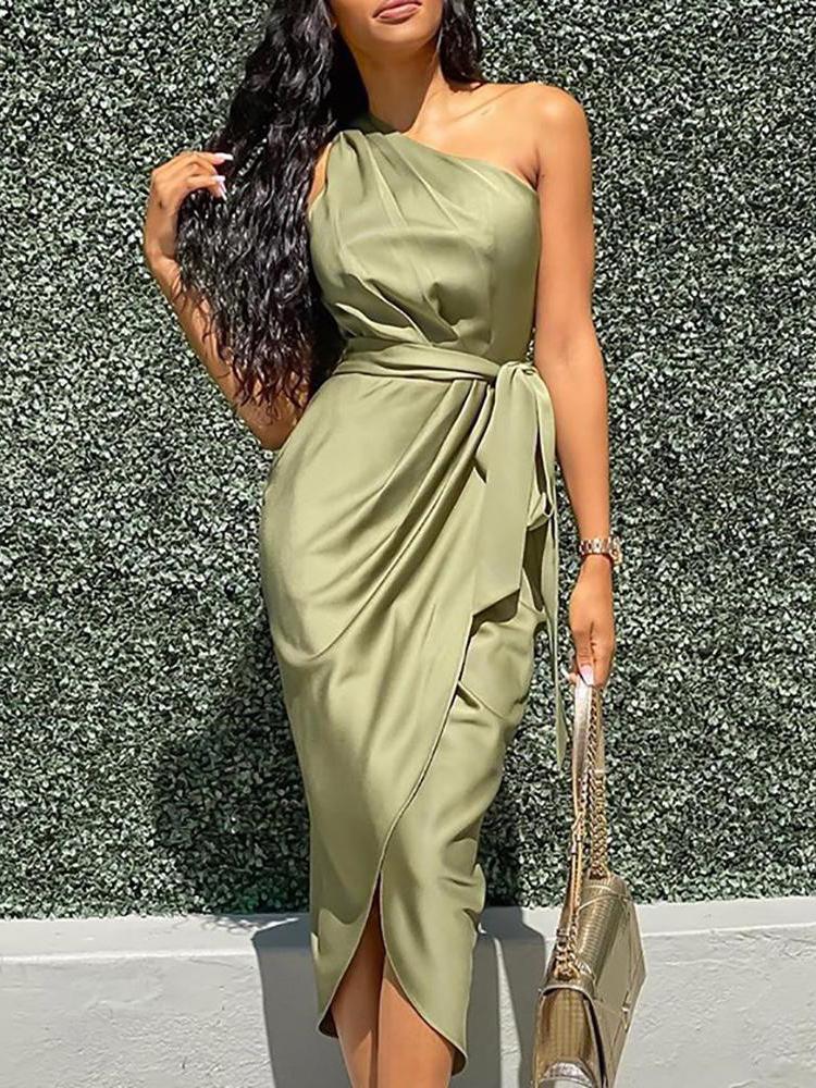 Midi Dresses - One Shoulder Ruched Slit Dress - MsDressly