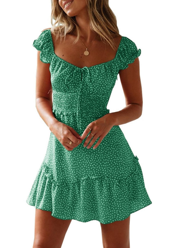 Women's Dress - Casual Dress Sundress Ruched Dress Mini Dress Red Red Wine Navy Blue Short Sleeve Floral Lace up Summer Spring Fall Square Neck Fashion Vacation Summer Dress 2023 S M L XL XXL XXXL