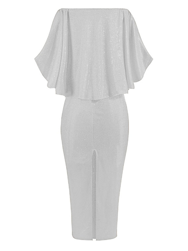 Women's Dress - Formal Party Dress Cocktail Dress Long Dress Maxi Dress Silver Black Champagne Half Sleeve Pure Color Cold Shoulder Winter Fall Spring Off Shoulder Mature Evening Party Wedding