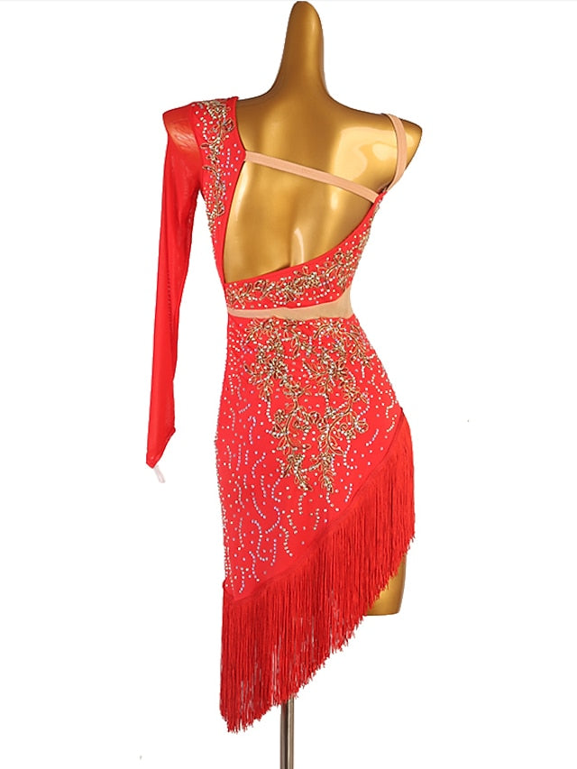 Latin Dance Dress Tassel Split Joint Crystals / Rhinestones Women's Performance Training Long Sleeve Chinlon Mesh - LuckyFash™
