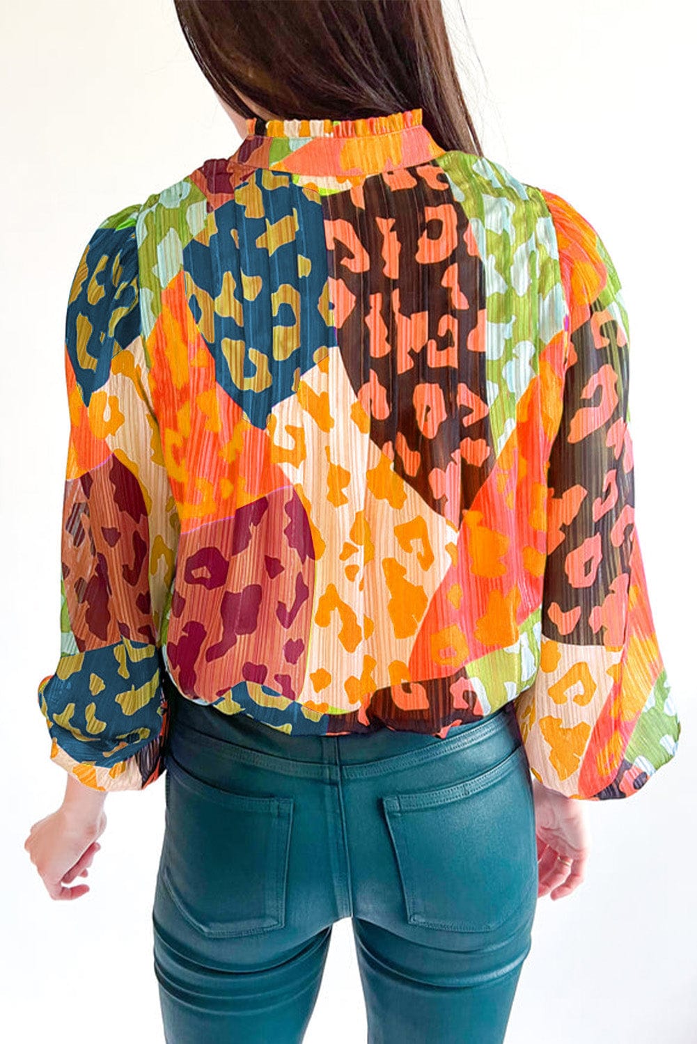 Orange Leopard Print Pleated Blouse with Patchwork Accents