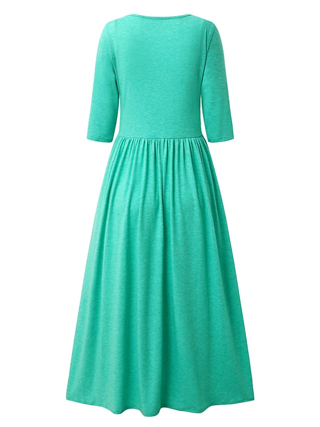Women's Dress - Casual Dress Summer Dress Pleated Dress Plain Ruched Button V Neck Midi Dress Fashion Basic Outdoor Daily Half Sleeve Loose Fit Dark Green Green Summer Spring S M L XL XXL