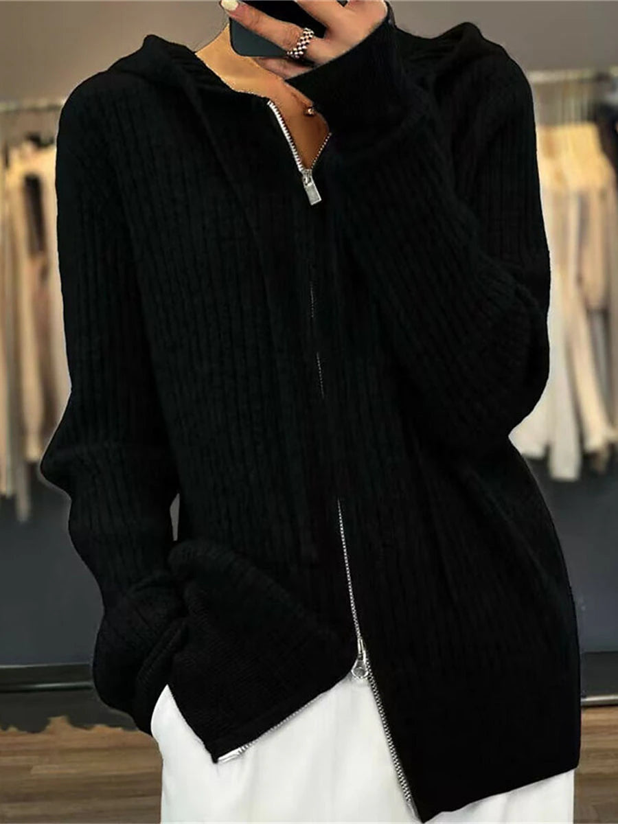 Women's Cardigan Sweater Hooded Ribbed Knit Knit Zipper Fall Winter Regular Outdoor Daily Going out Stylish Casual Soft Long Sleeve Solid Color Black Camel Beige One-Size
