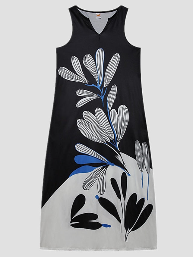 Women's Dress - A Line Dress Maxi long Dress Black Sleeveless Floral Leopard Print Summer V Neck Stylish 2023 5XL