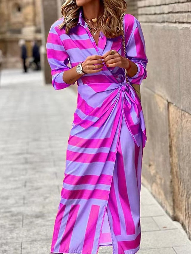 Women's Dress - Shirt Dress Bodycon Wrap Dress Maxi long Dress Outdoor Daily Polyester Fashion Boho Shirt Collar Ruched Split Long Sleeve Summer Fall Spring 2023 Regular Fit Purple Orange Green