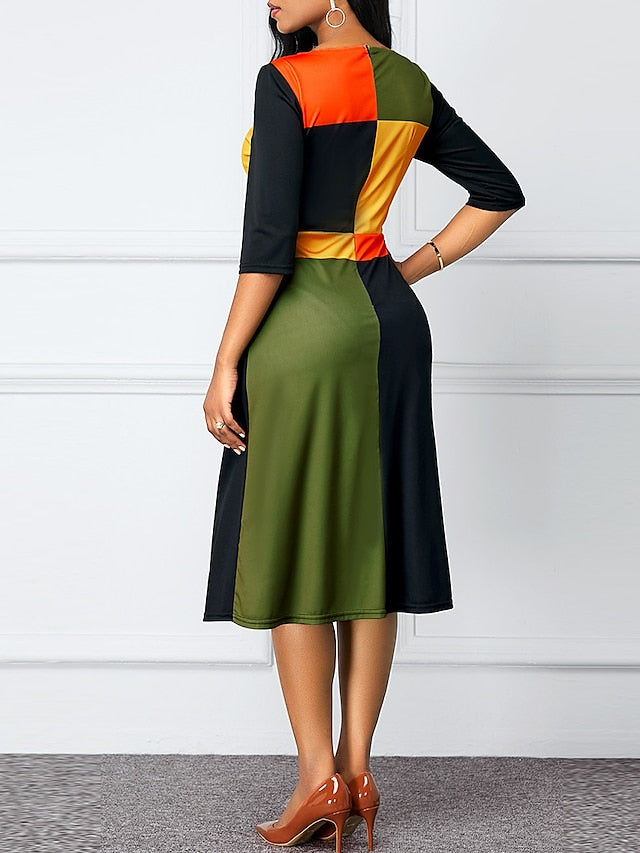 Women's Dress - Sheath Dress Church Dress Midi Dress Green 3/4 Length Sleeve Color Block Patchwork Summer Spring Crew Neck Elegant 2023 S M L XL XXL